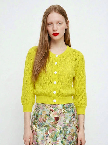 Orfea - Openwork Silk-Cotton Cropped Cardigan - Yellow