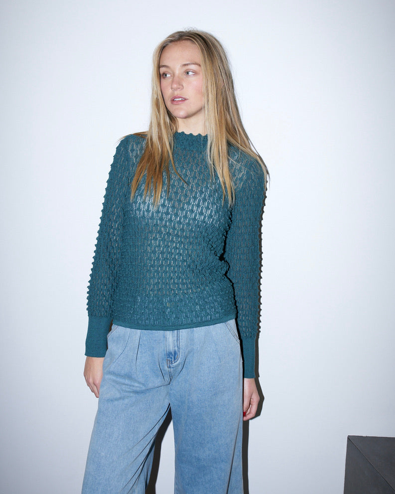 Violet - Textured Lace Knit Top - Green