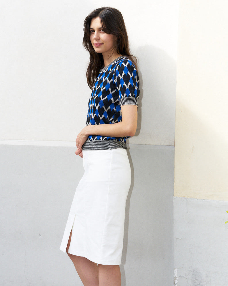 Meera-Graphic Jacquard Sweater With Short Sleeves-Blue/Cream/Black