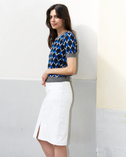 Meera-Graphic Jacquard Sweater With Short Sleeves-Blue/Cream/Black