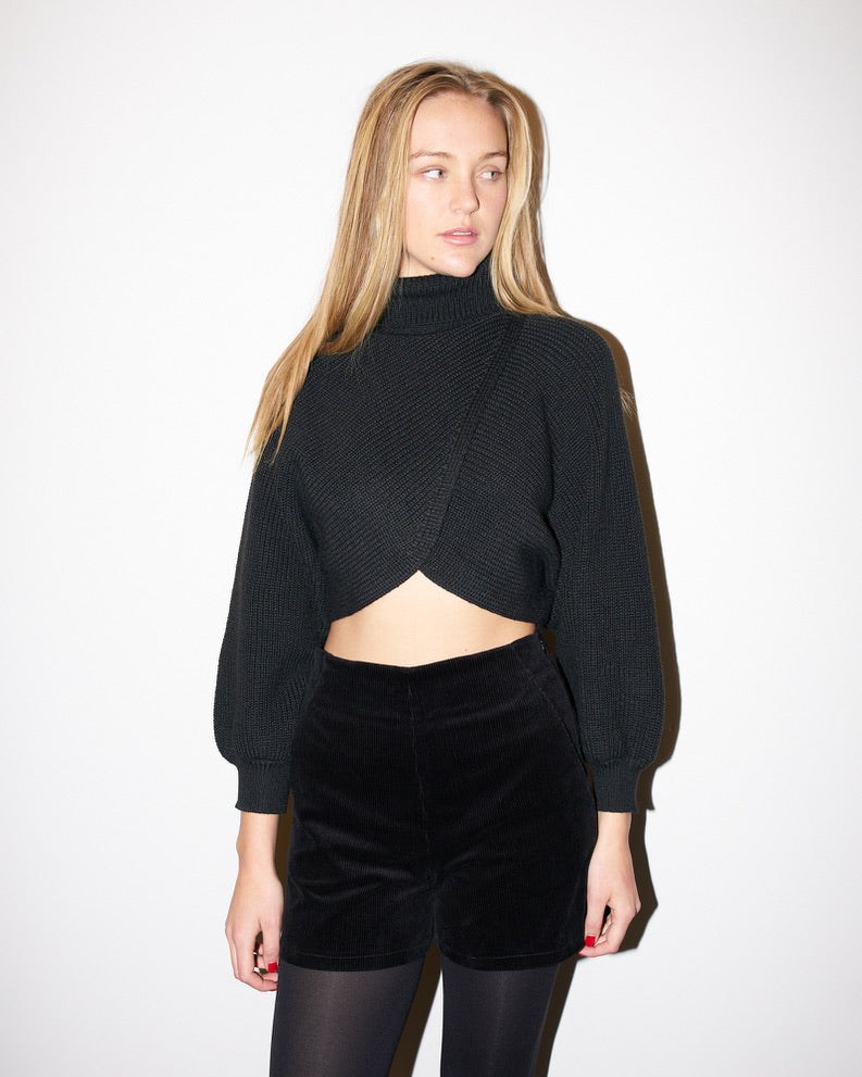 Ava - Crop Knit Petal Turtle Neck Sweater - Black