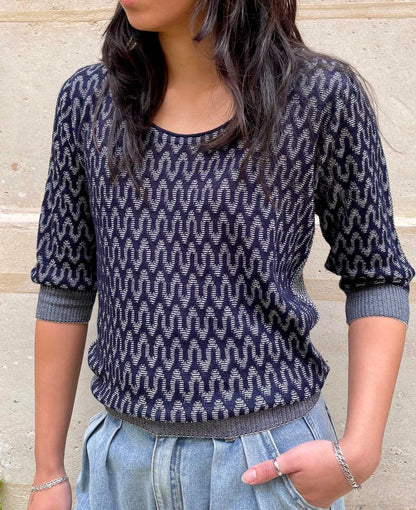 Slim - Wave Jacquard light Sweater - Navy