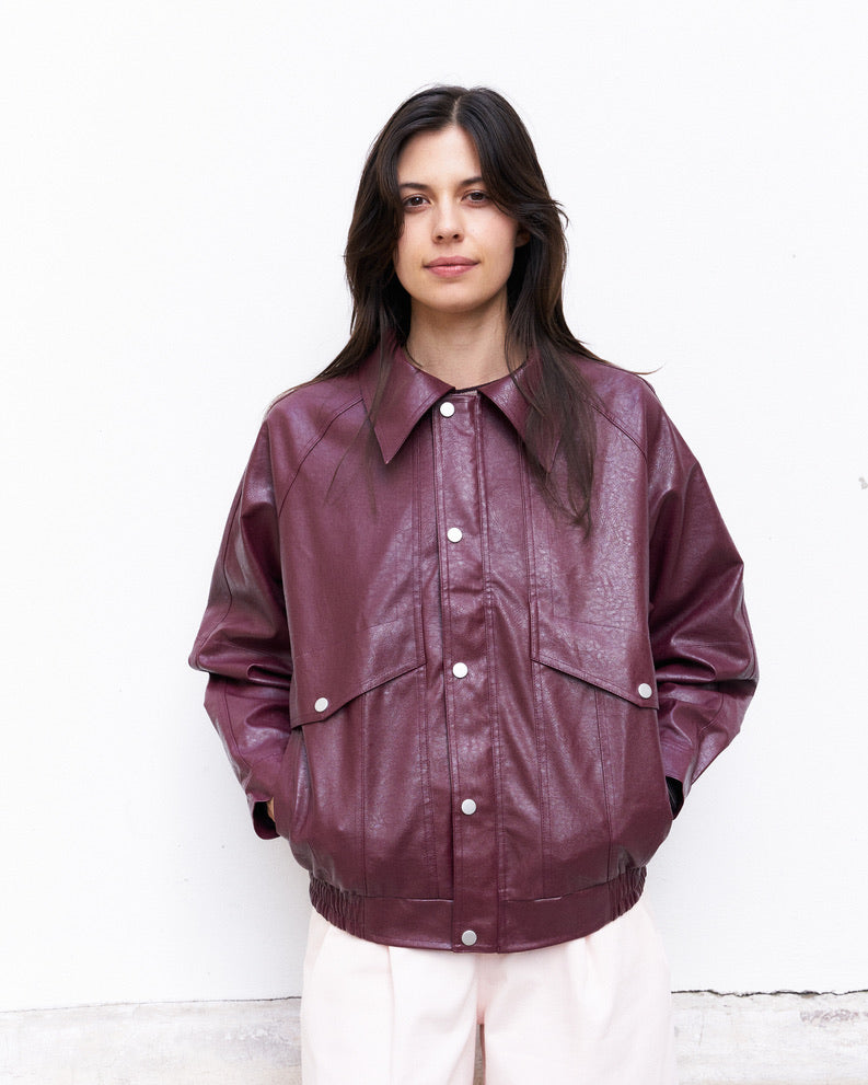 Ramon-Oversized Vegan Leather Retro Jacket-Burgundy