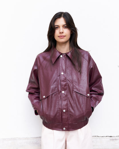 Ramon-Oversized Vegan Leather Retro Jacket-Burgundy