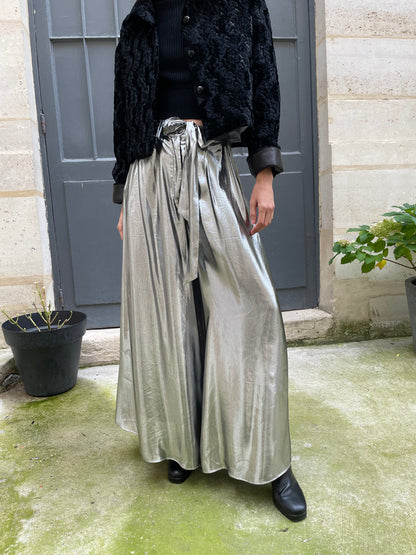 Dina - Silk Lamé Palazzo Pants - Silver