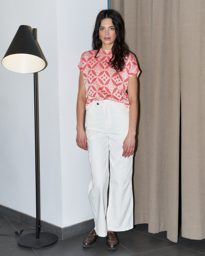 Eos-Flower Jacquard KnitTop with Button Down Back-Coral/White