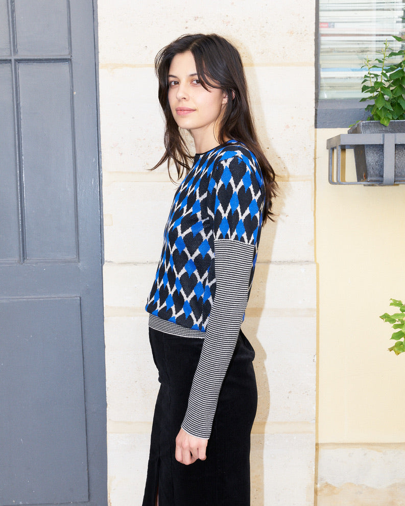 Helisandre-Graphic Jacquard Sweater-Blue/Cream/Black
