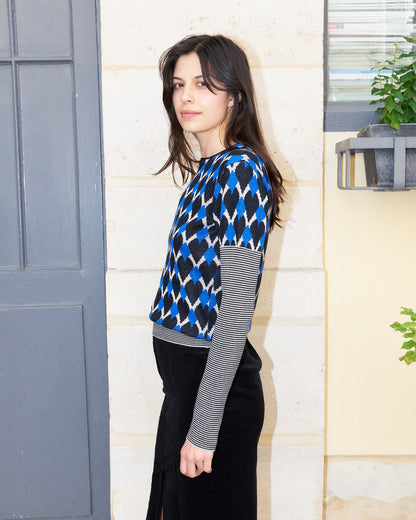 Helisandre-Graphic Jacquard Sweater-Blue/Cream/Black