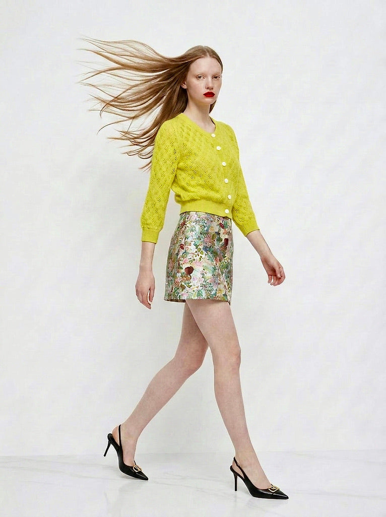 Orfea - Openwork Silk-Cotton Cropped Cardigan - Yellow