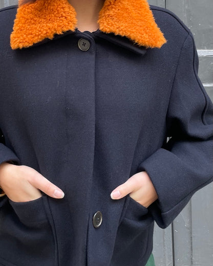 Maisie - Short Wool Jacket with Shearling Collar - M