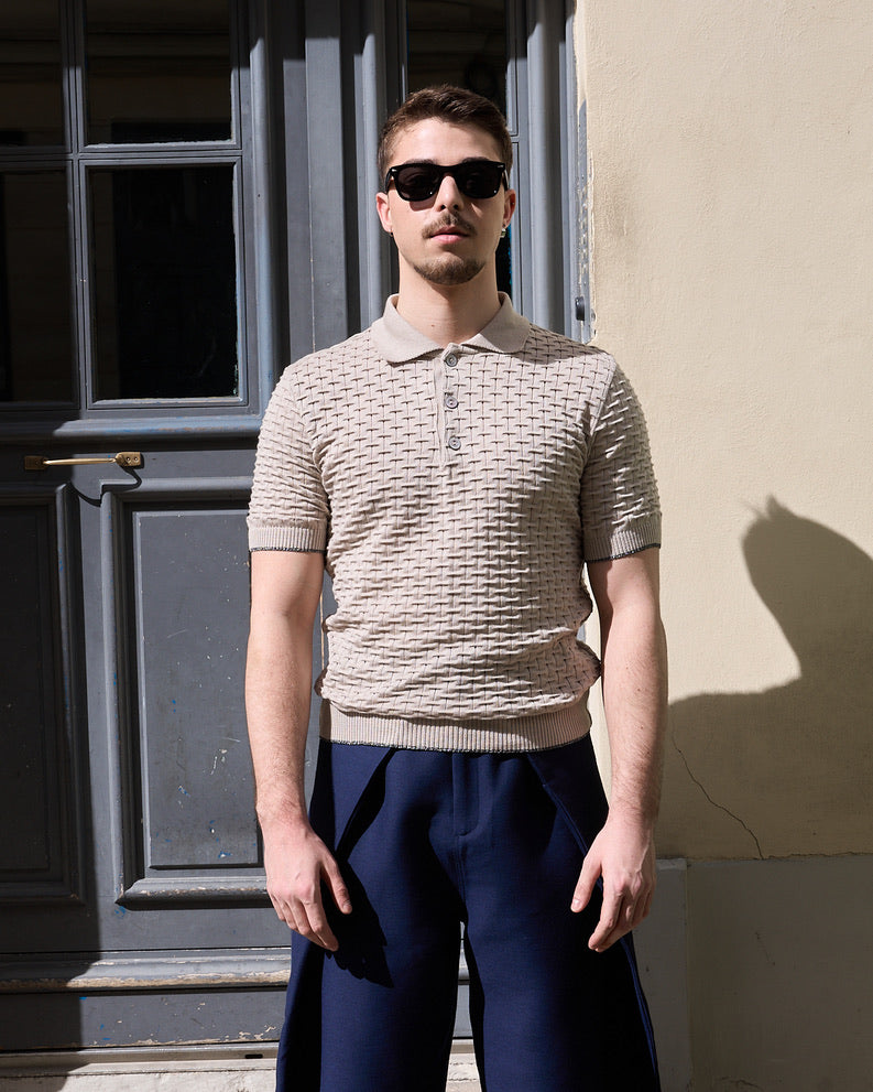 Peter - Basket Weave Knitted Polo Shirt - Melange Beige