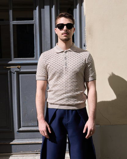 Peter - Basket Weave Knitted Polo Shirt - Melange Beige