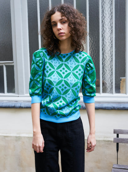 Ephi-Puff Sleeve Flower Jacquard Sweater