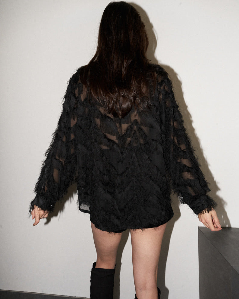 Wanda - Oversized Fringed Organza Shirt - Black - W