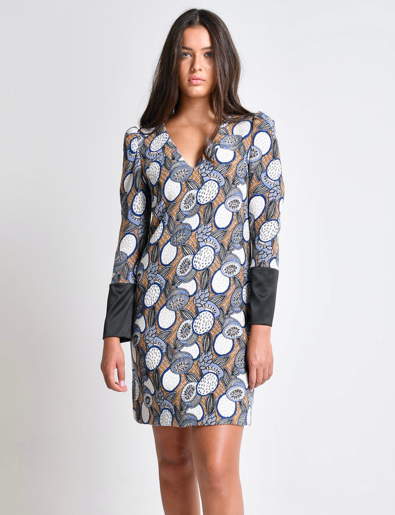Carmela - Brocade shift dress with Puffy shoulders