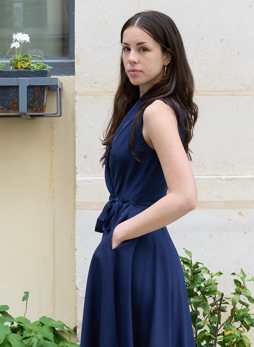 Reyna - Circle Wrap Dress - Navy Satin Twill