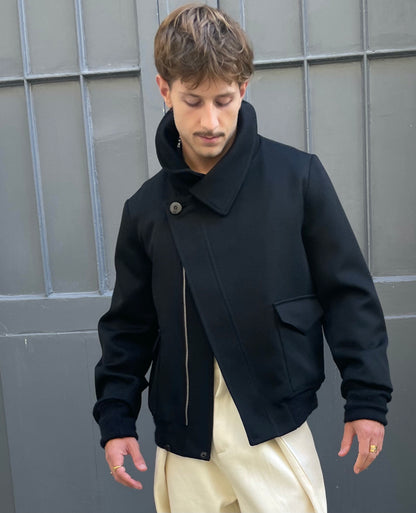 Sylvio - High Neck Wool Jacket - Black - Man