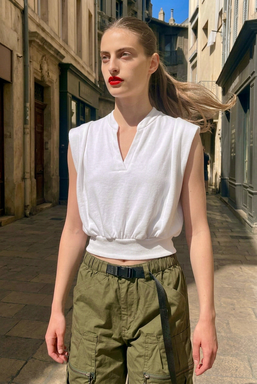 Trish - Structured Shoulder Pad Top - White