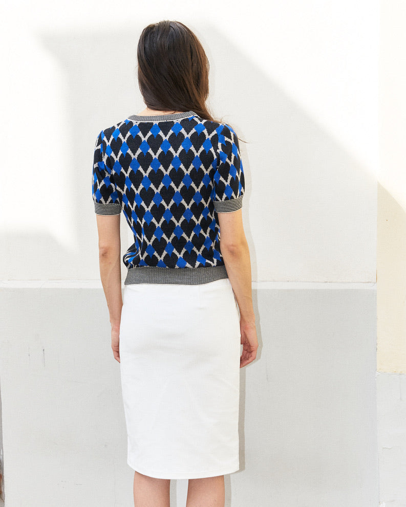 Meera-Graphic Jacquard Sweater With Short Sleeves-Blue/Cream/Black