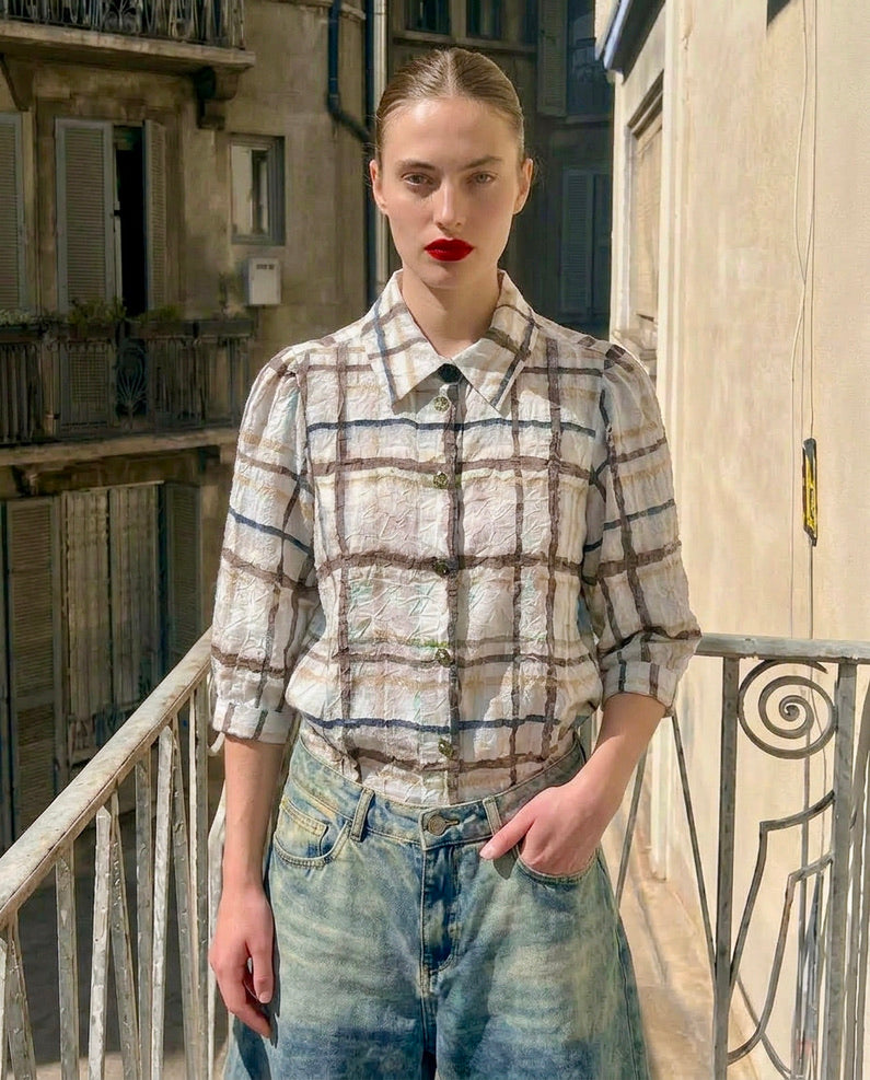 Trixie - Seersucker Shirt With Puffy Sleeves - Plaid