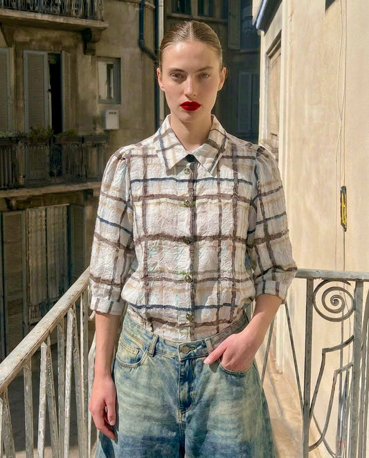 Trixie - Seersucker Shirt With Puffy Sleeves - Plaid