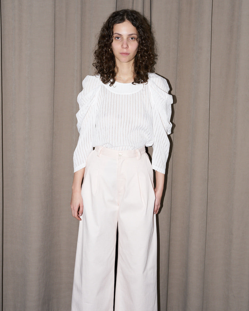 Uma - Pleated Sleeve Top - White on White Stripe