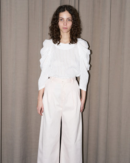 Uma - Pleated Sleeve Top - White on White Stripe