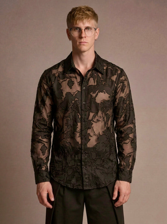 Wim - Sheer Floral Jacquard Silk-Blend Organza Shirt - black