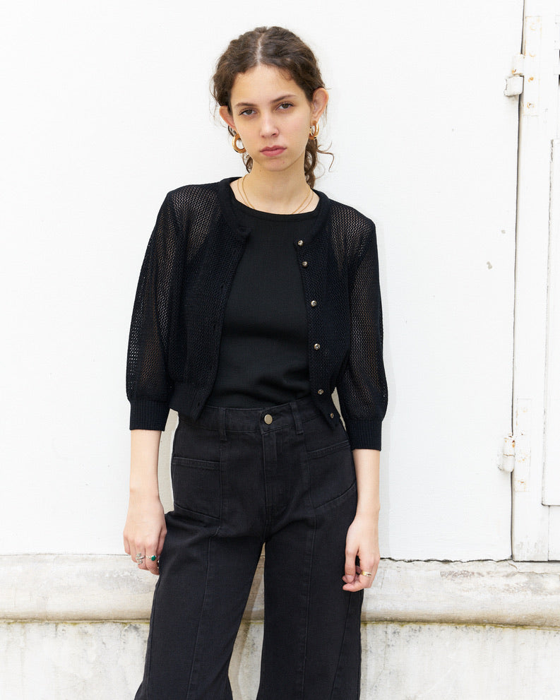 Orfea-Mesh Knit Crop Cardigan-Metallic Black