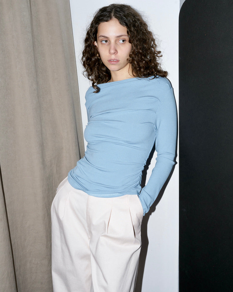 Anitra - Ruched Ribbed Top - Pastel Blue