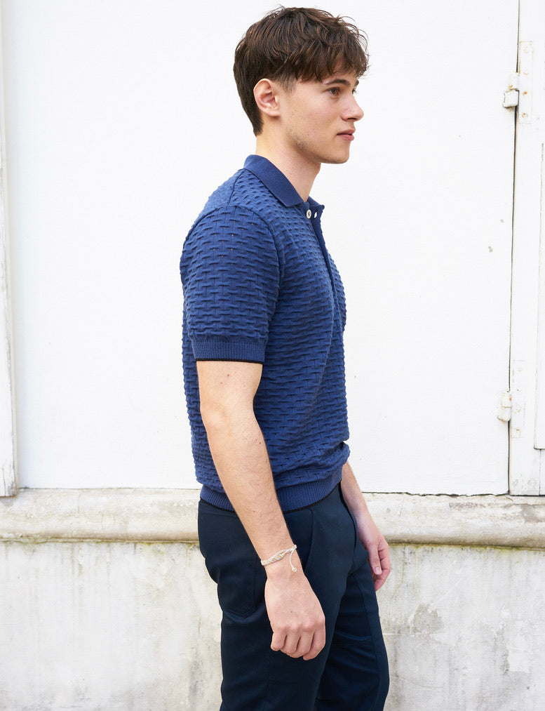 Peter-Textured Knit Polo Shirt-Navy Blue