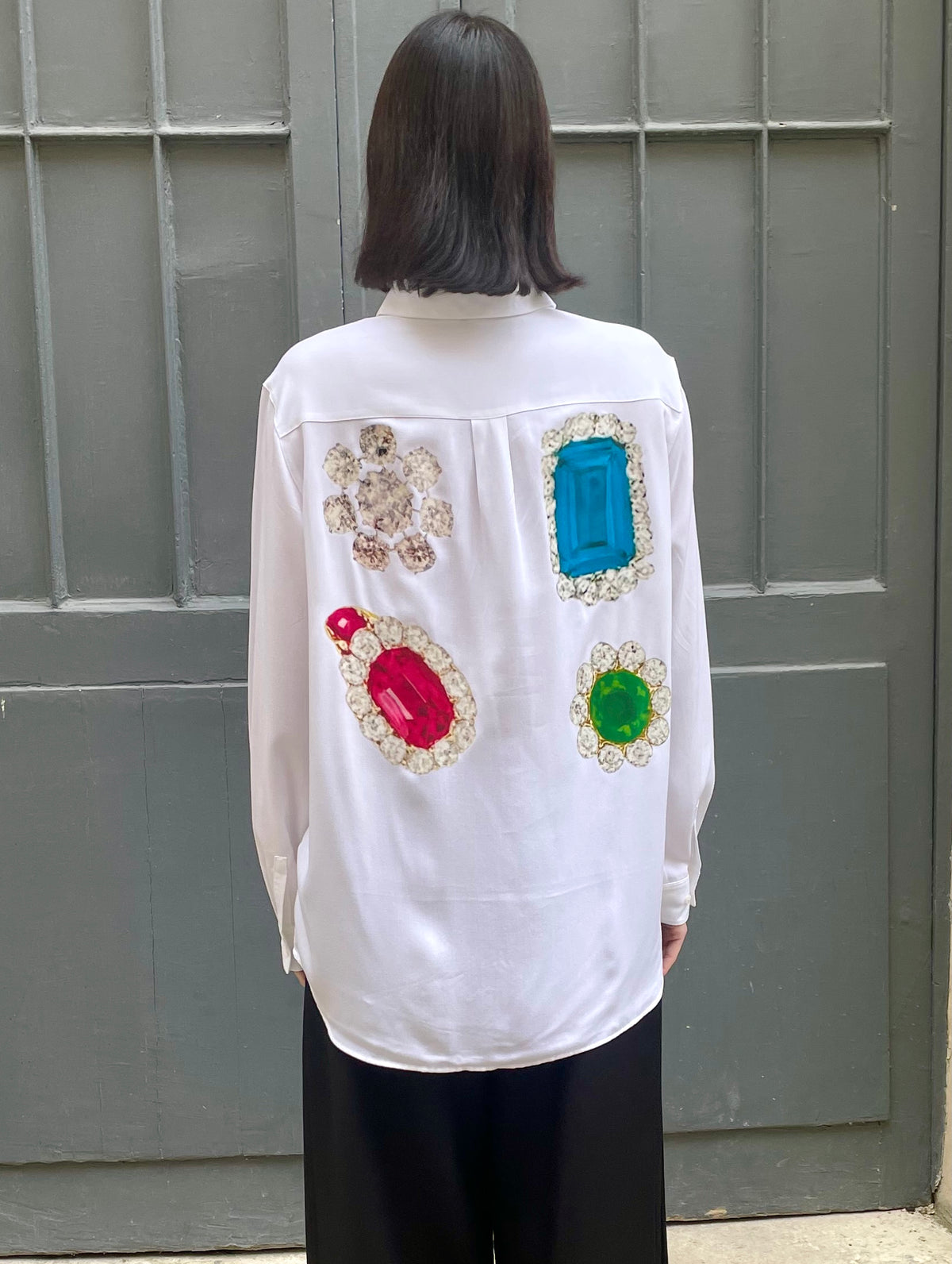Adan - Jewel Print Oversized Silk Shirt - white