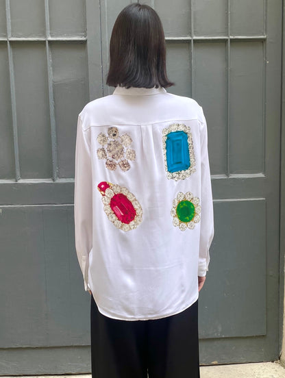 Adan - Jewel Print Oversized Silk Shirt - white