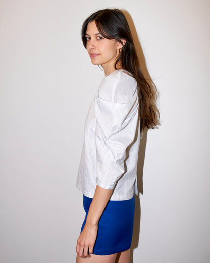 Uma - Pleated Sleeve Top - Pastel Blue White Stripe