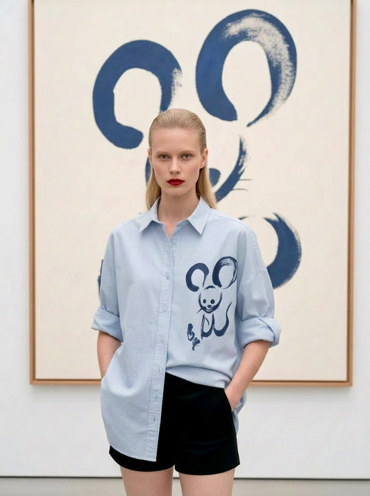 Patsy - Poplin Shirt with Mouse Print - Sky blue