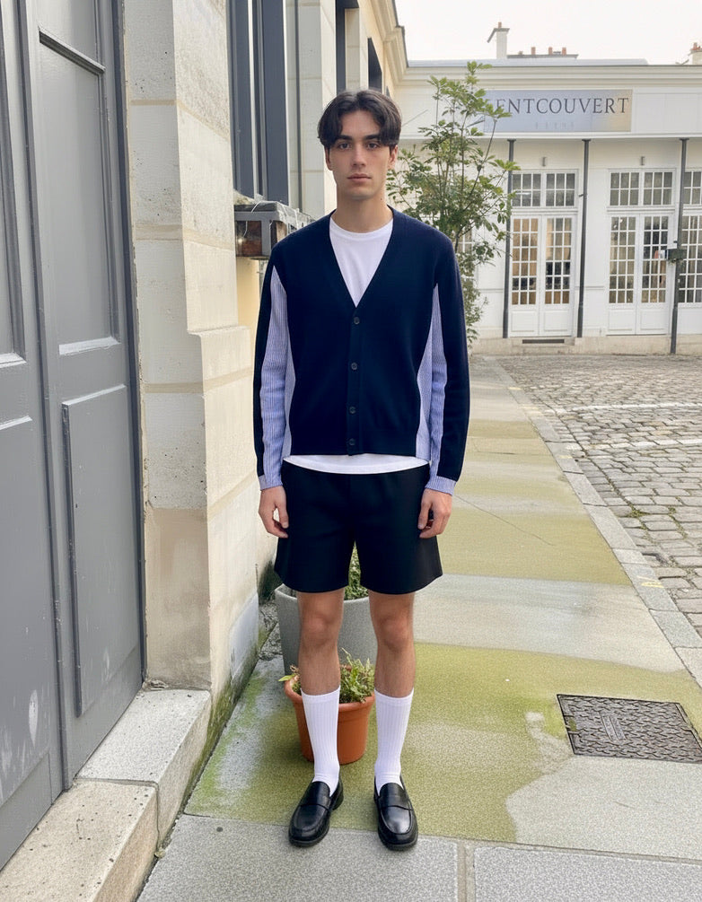 Calum - Hybrid Knit–Shirt Cardigan in Navy & Blue-White Stripe - Men