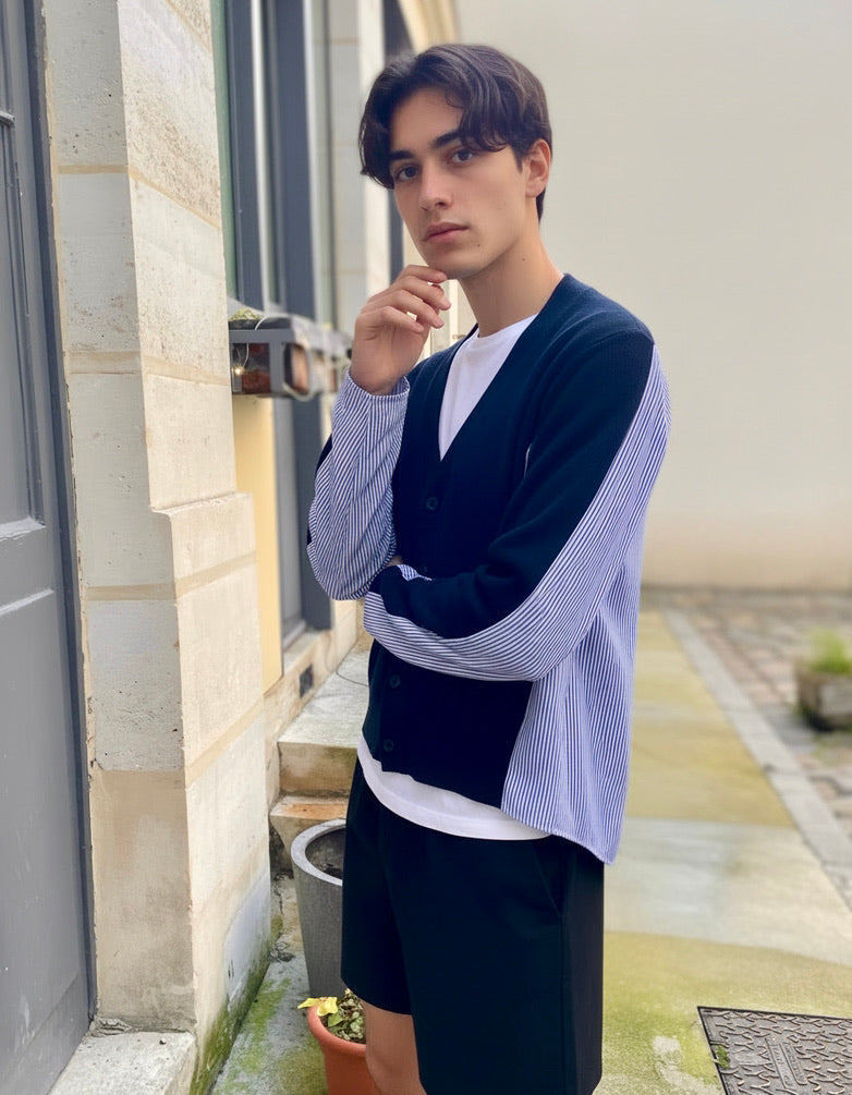 Calum - Hybrid Knit–Shirt Cardigan in Navy & Blue-White Stripe - Men
