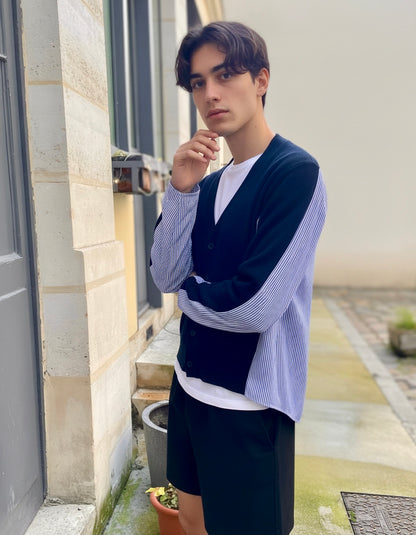 Calum - Hybrid Knit–Shirt Cardigan in Navy & Blue-White Stripe - Men