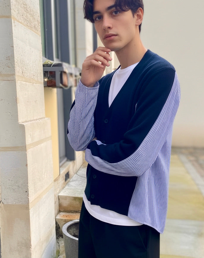Calum - Hybrid Knit–Shirt Cardigan in Navy & Blue-White Stripe - Men
