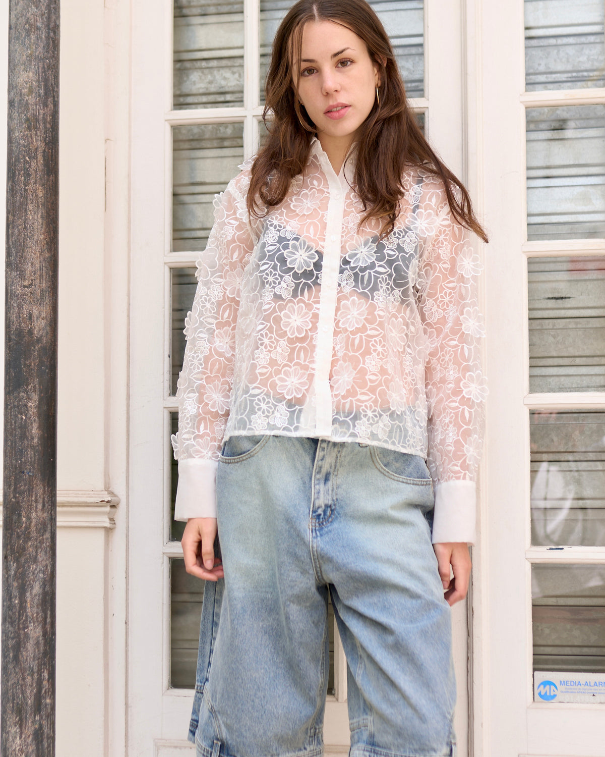 Delphine -  Sheer Embroidered Organza Shirt with Appliqué Flowers