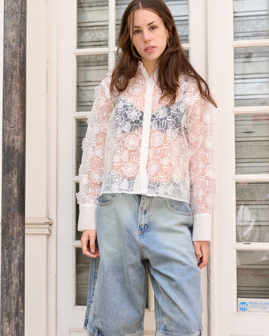 Delphine -  Sheer Embroidered Organza Shirt with Appliqué Flowers