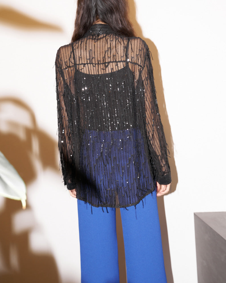 Chelsea - Sequin Fringed Tull Shirt - Black