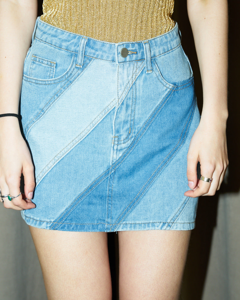 Rita-Patch Work Panel-Denim Mini Skirt