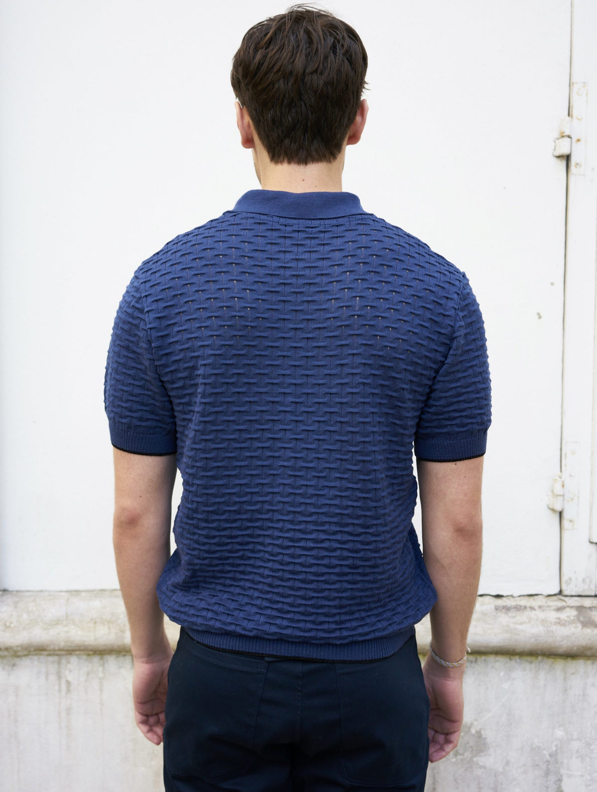 Peter-Textured Knit Polo Shirt-Navy Blue