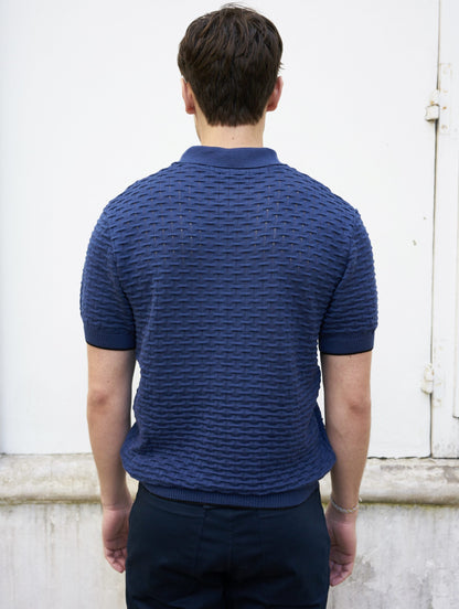 Peter-Textured Knit Polo Shirt-Navy Blue