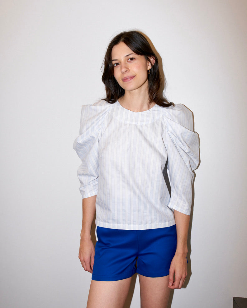 Uma - Pleated Sleeve Top - Pastel Blue White Stripe