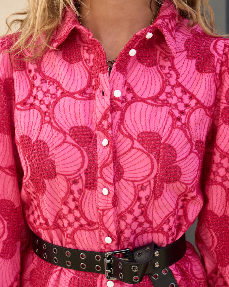Giorgia - Flower Embroidered Short Cotton Shirt Dress