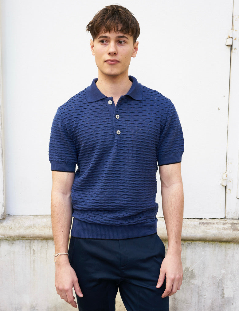 Peter-Textured Knit Polo Shirt-Navy Blue