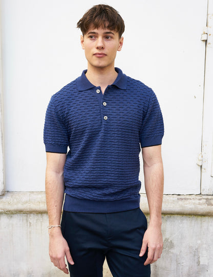 Peter-Textured Knit Polo Shirt-Navy Blue