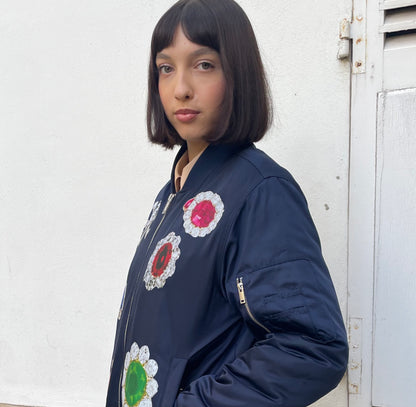 Jason - Aviator Puffer Jacket with Jewel Print — Navy Blue